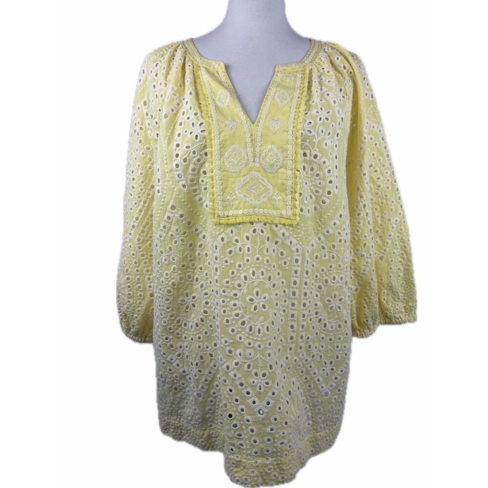 Chicos Embroidered Eyelet Tunic Top Sz 3 (XL) Yellow Vaca Resort Coastal Beaded